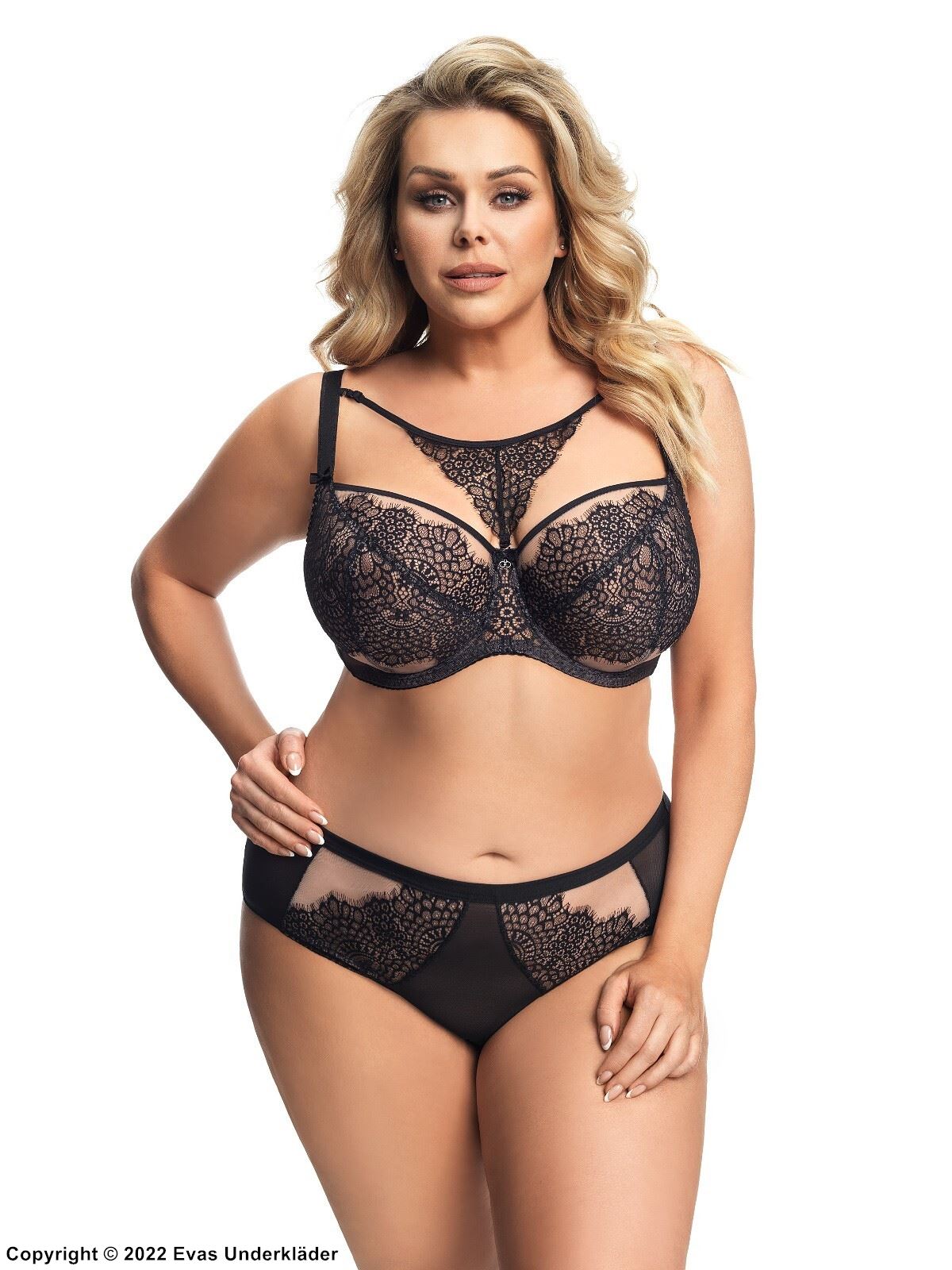 Romantic big cup bra, wide shoulder straps, partially sheer cups, luxurious lace, D to M-cup